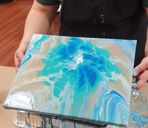 Acrylic Pour Class Masterpiece During A Paint And Sip Art Class At Cheers N Paint, Cary, Nc