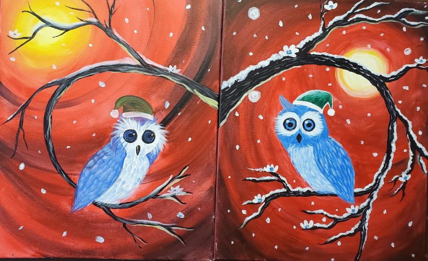 Winter Owl Couple Paint Canvas