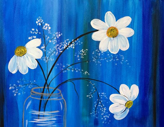 Daisys-in-mason-jar-adult-acrylic-paint-sip-and-paint-cheers-n-paint-cary-NC-27519