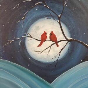 Cardinal-in-moon adult paint class cheers n paint