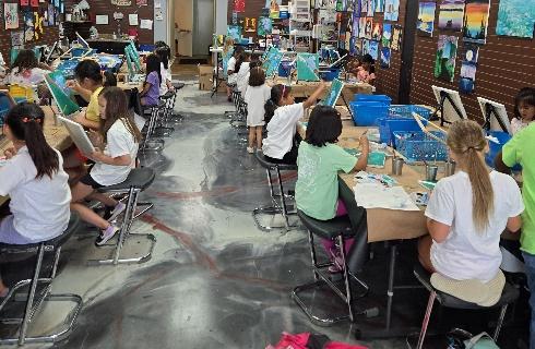 Summer art camp in Cary NC with students painting